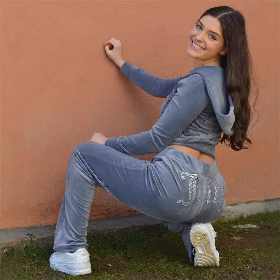 Fashion Rhinestone Velvet Sportswear Set