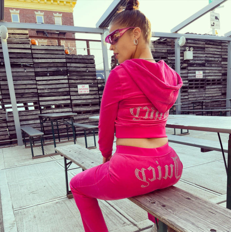 Fashion Rhinestone Velvet Sportswear Set