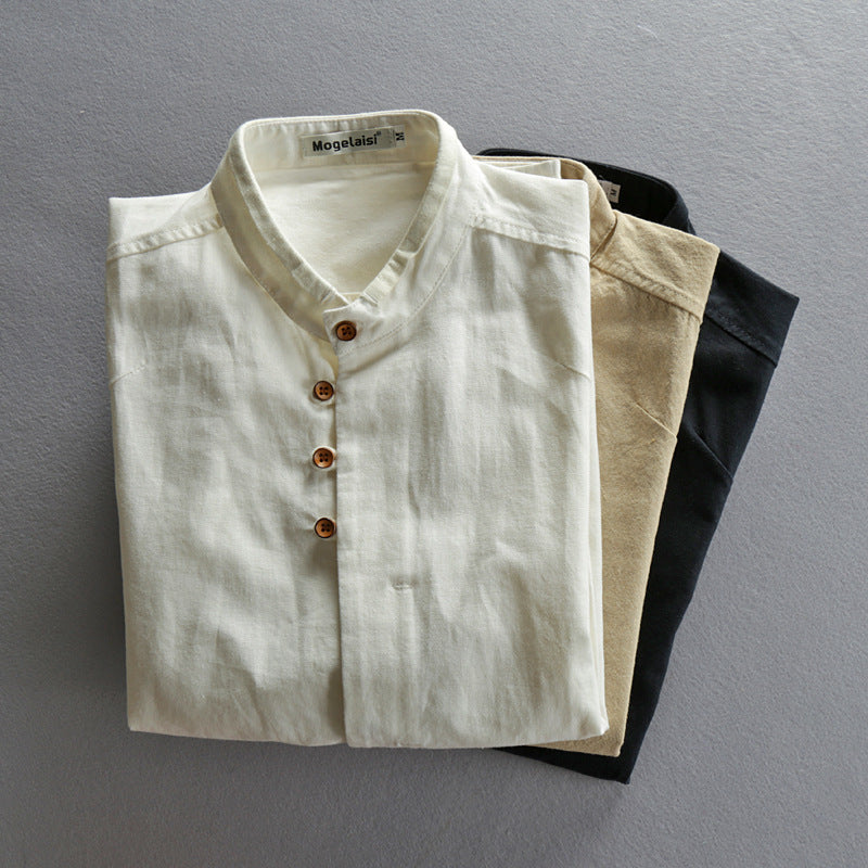 Mens Casual Stand Collar Linen Shirt