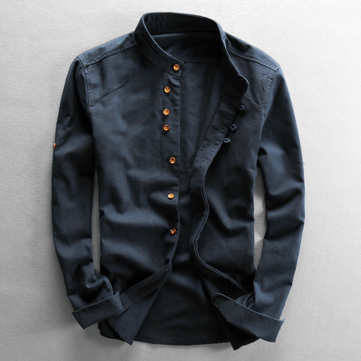 Mens Casual Stand Collar Linen Shirt