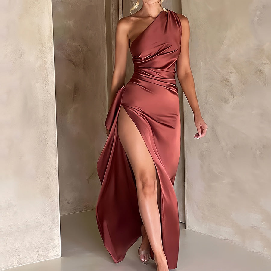 Slim-fit, off-shoulder, slit satin dress for women