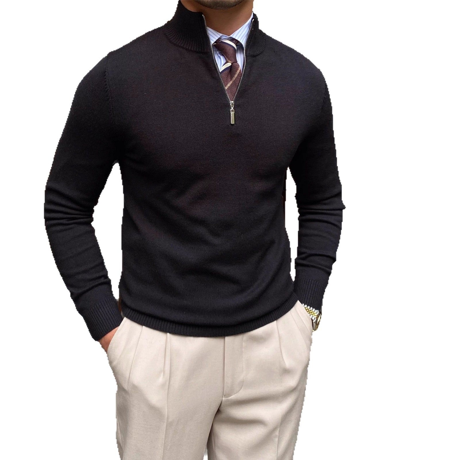 Mens Stand Collar Zipper Knit Sweater