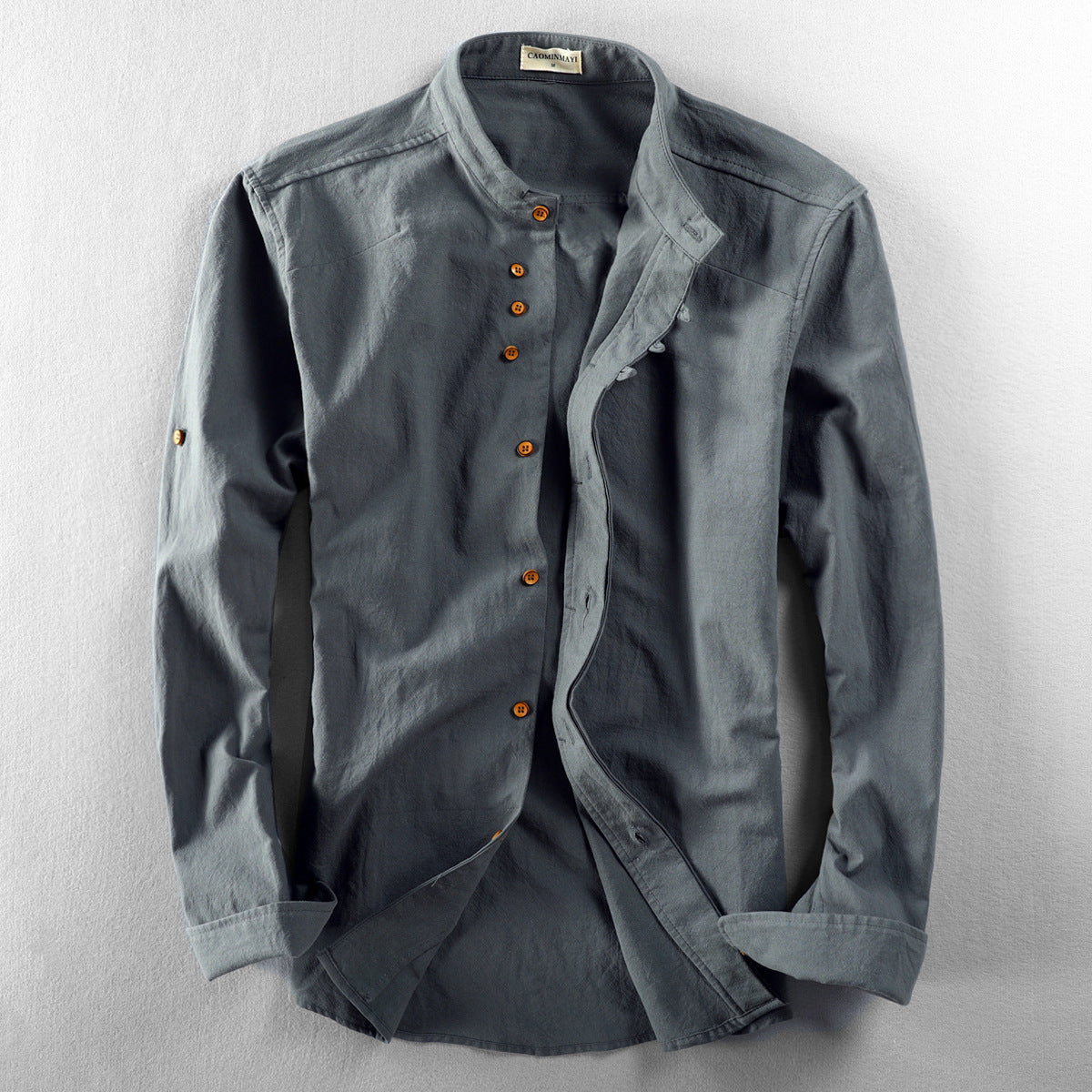 Mens Casual Stand Collar Linen Shirt