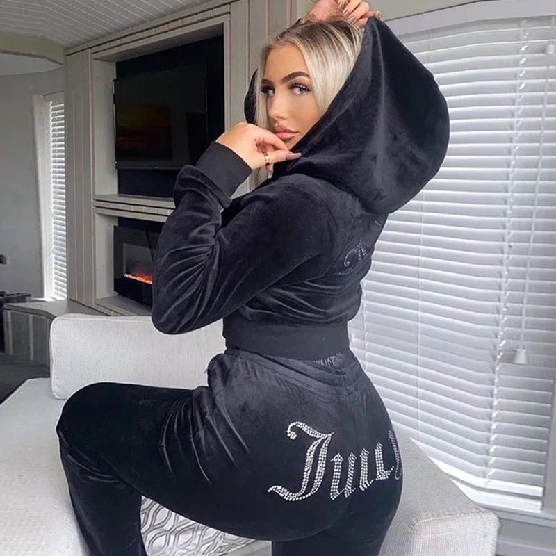 Fashion Rhinestone Velvet Sportswear Set