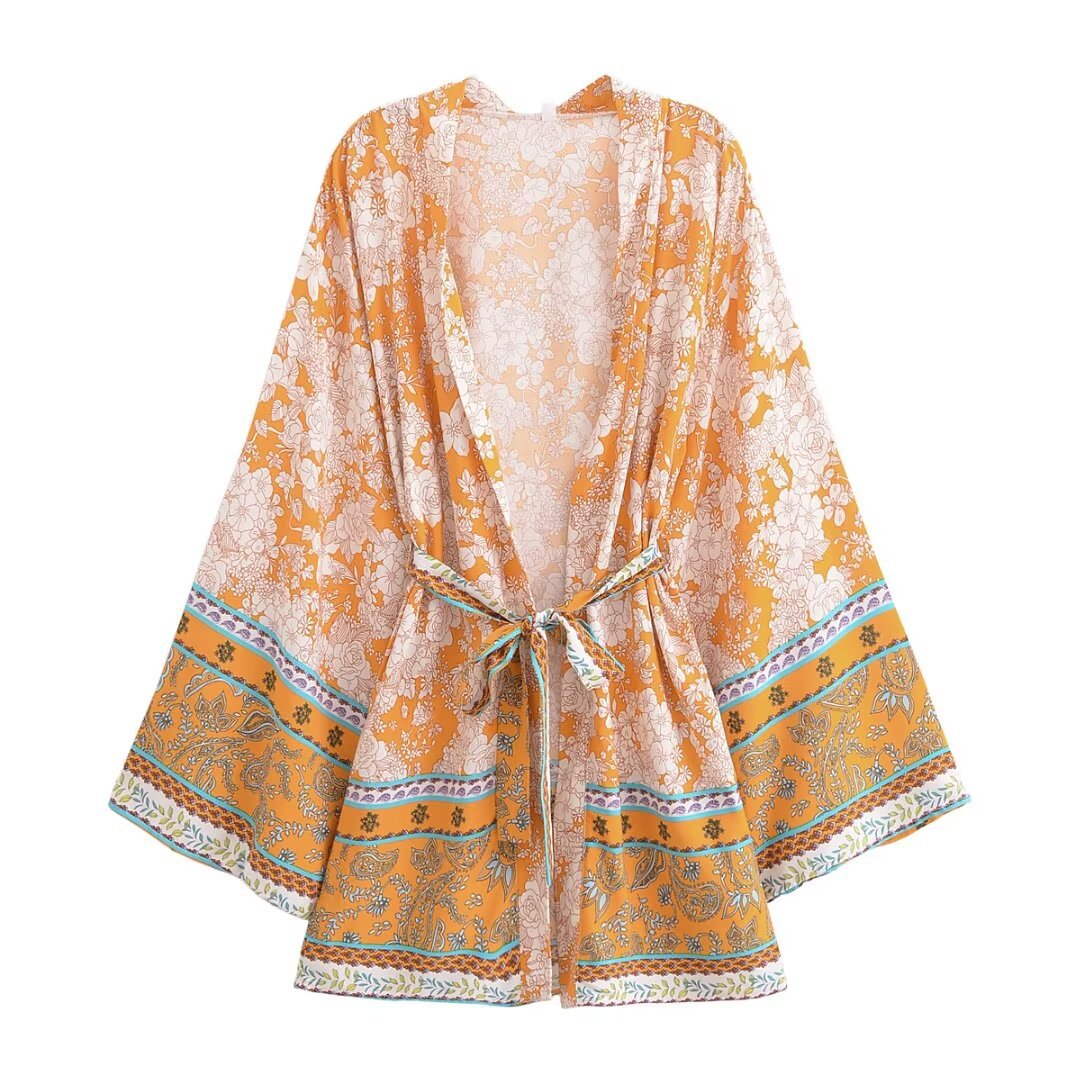 Short Sleeve Floral Print Kimono Dress