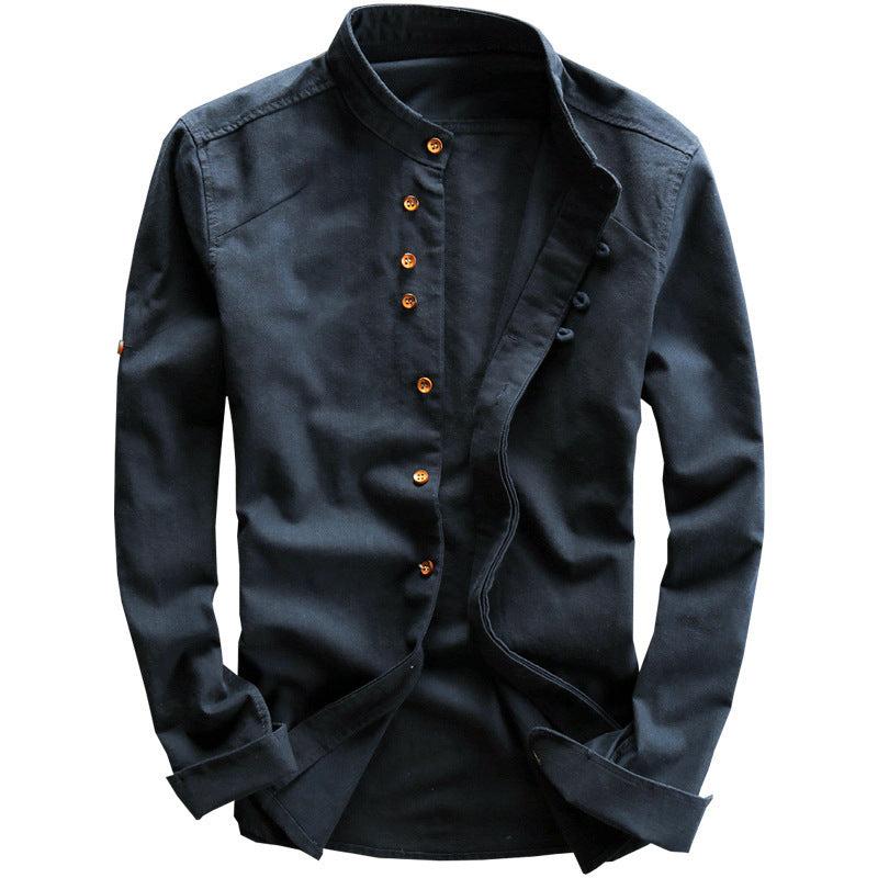 Mens Casual Stand Collar Linen Shirt