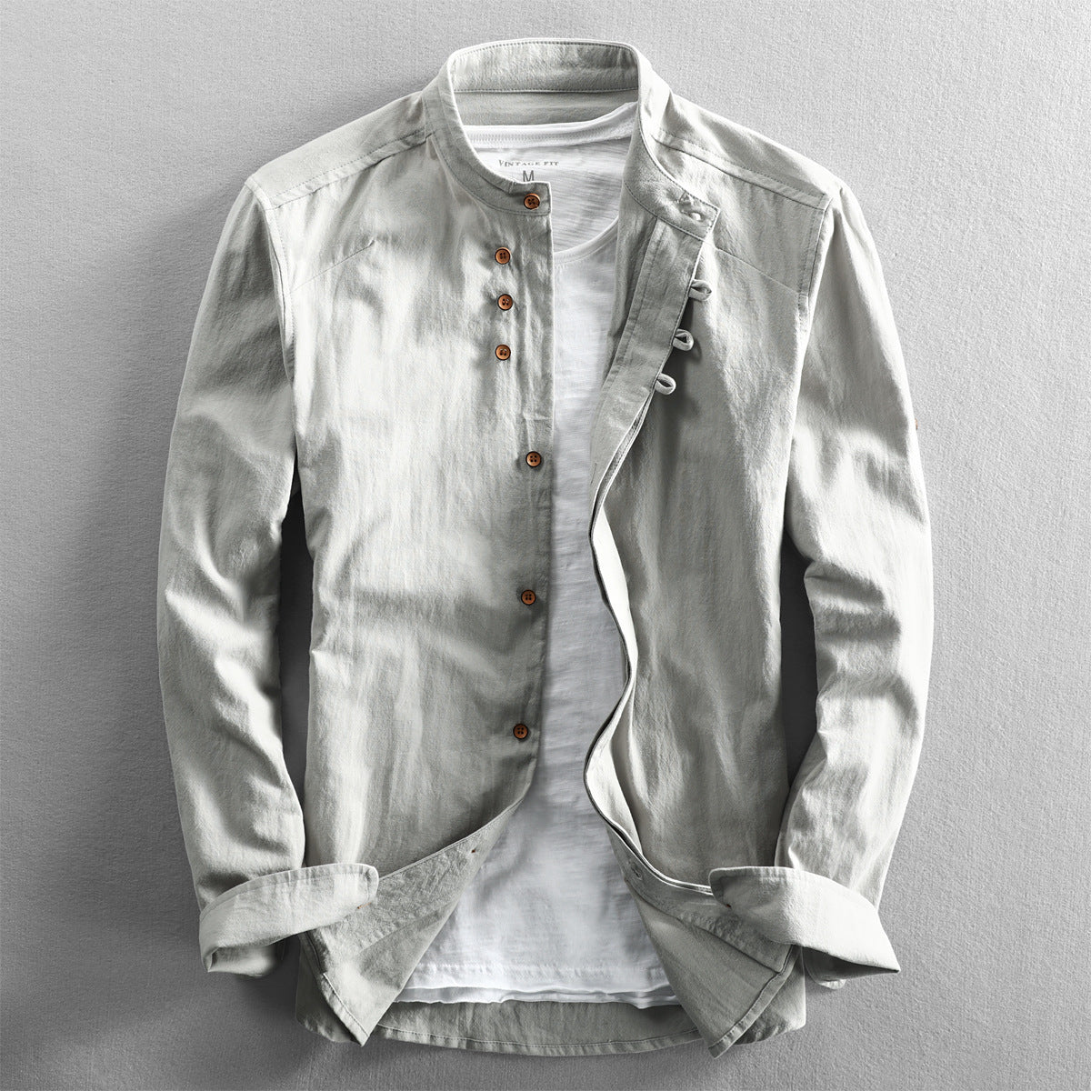 Mens Casual Stand Collar Linen Shirt