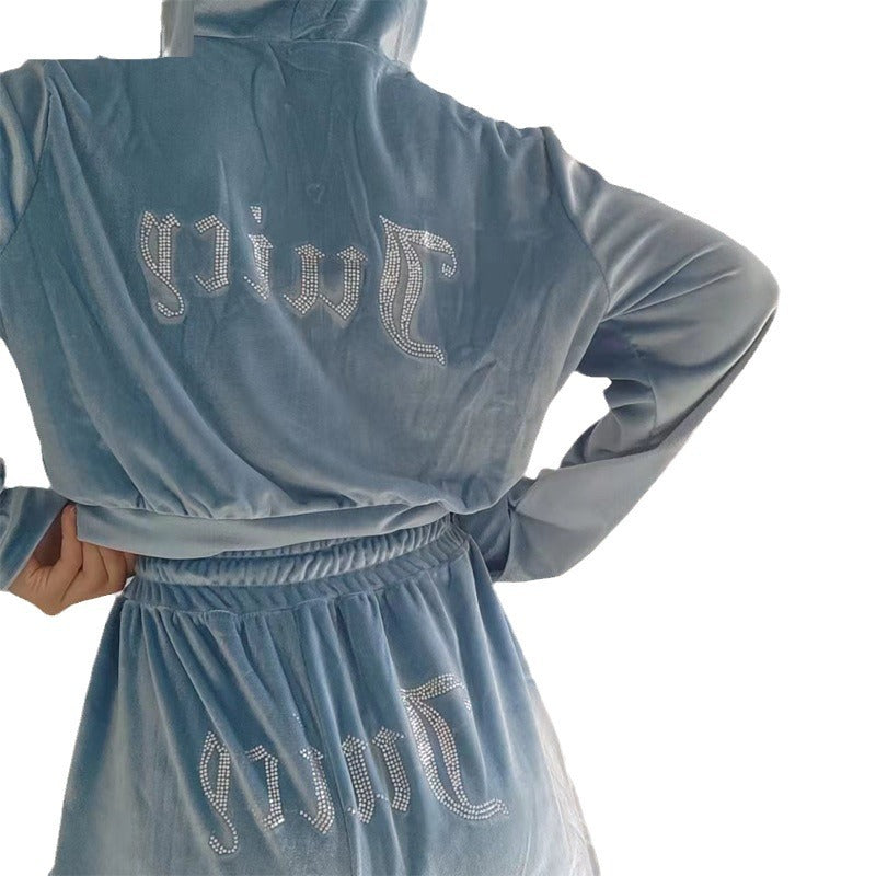 Fashion Rhinestone Velvet Sportswear Set