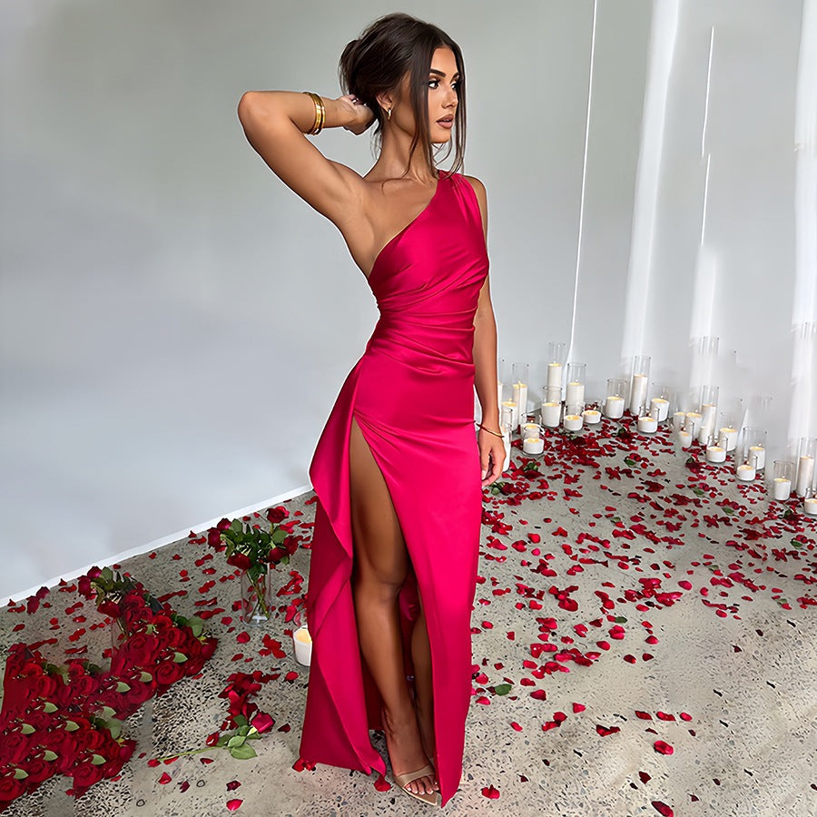Slim-fit, off-shoulder, slit satin dress for women