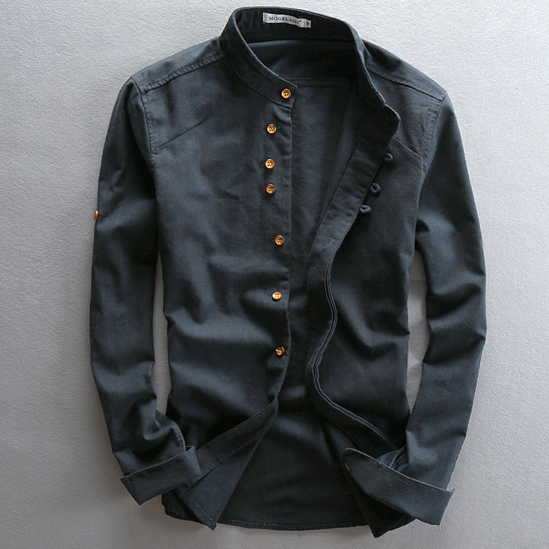 Mens Casual Stand Collar Linen Shirt
